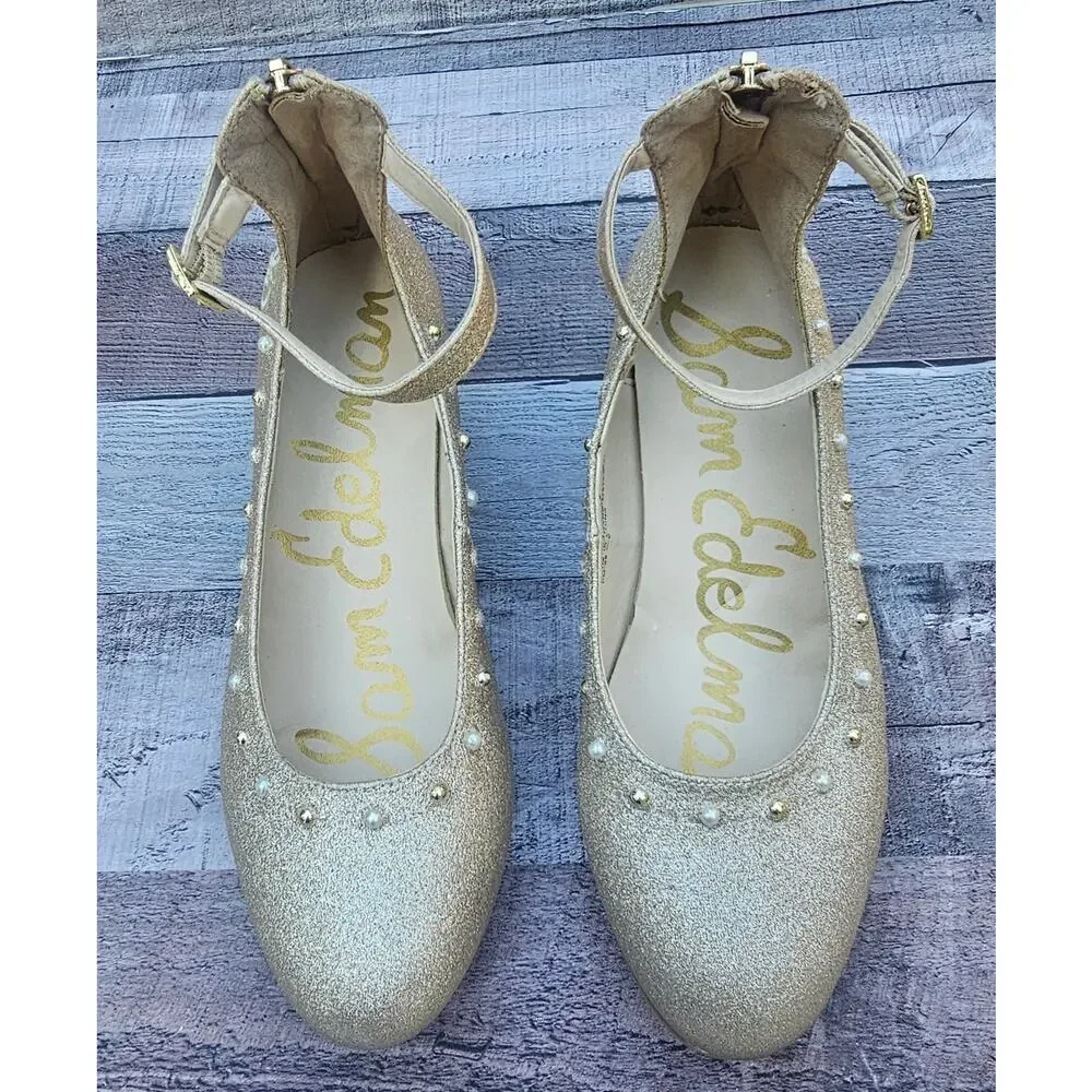SAM EDELMAN Evelyn Belle Gold Shimmer Sparkle Mary Jane Shoes Big Girls size 5